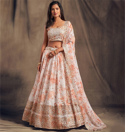 White & Peach-Coloured Embroidered Sequinned Shibori Semi-Stitched Lehenga & Unstitched Blouse With